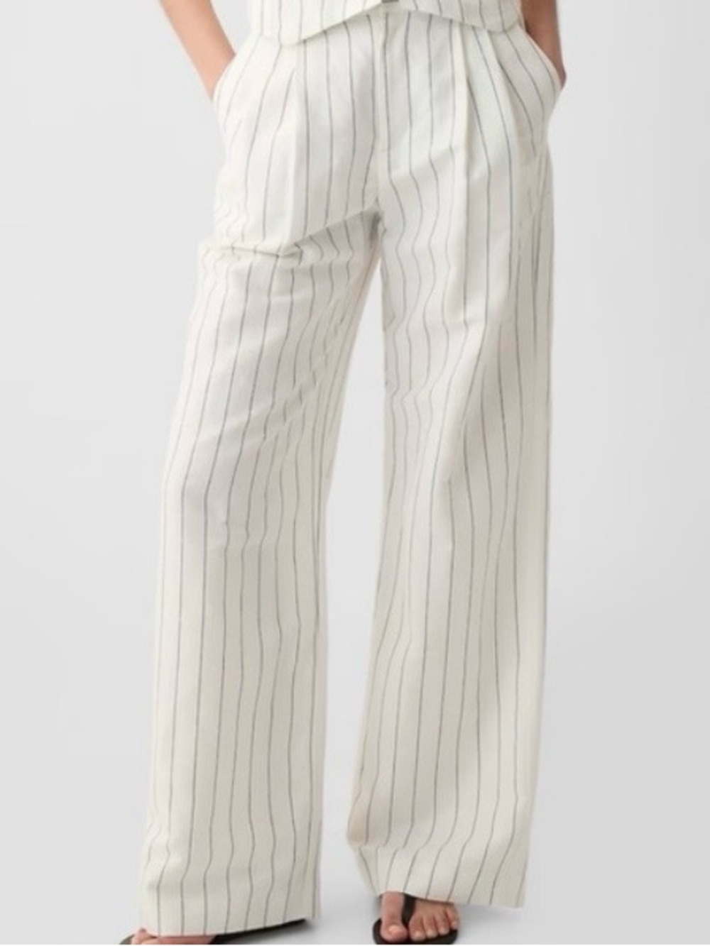 High-Rise Linen-Blend White Pinstripe Trousers